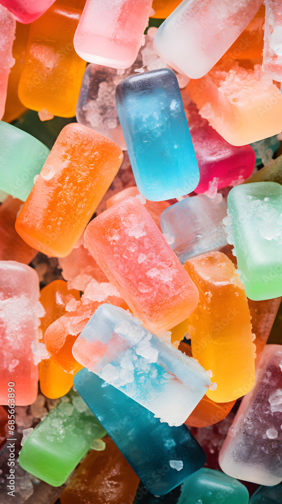 Close-Up of a Pile of Randomly Arranged Ice Pops on a Frosty Desktop, Top View. Close-Up of a Pile of Randomly Arranged Ice Pops on a Frosty Desktop, Top View.
