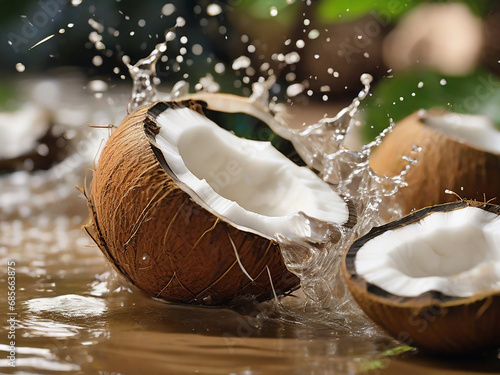  fresh coconut with a dark backdrop of water splashes. Generative AI