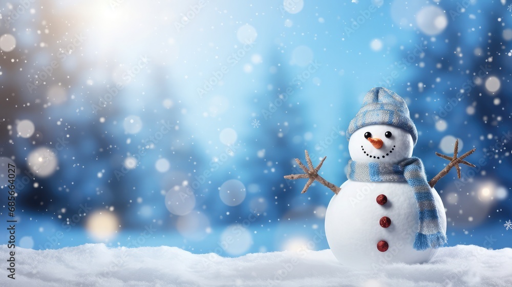 Winter Wonderland Christmas Background: Snowman, Bokeh and Festive Greeting Card with Copy-Space, Beautiful Blue Calm Celebration