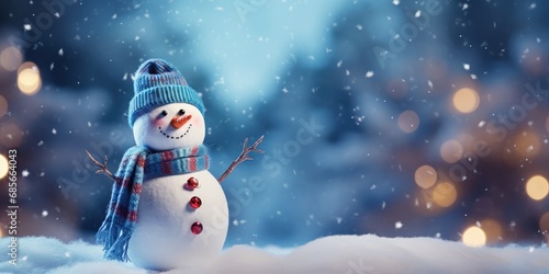 Winter Wonderland Christmas Background: Snowman, Bokeh and Festive Greeting Card with Copy-Space, Beautiful Blue Calm Celebration © sambath