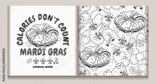 Seamless Mardi Gras pattern, label with traditional king cake, cinnamon, apples, string of beads, Fleur de Lis sign, text. Festive holiday design. Vintage illustration for prints, clothing. Not AI photo