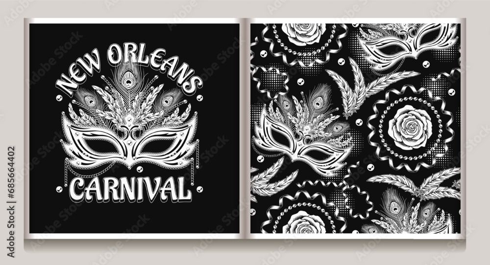 Seamless pattern, label with carnival masquerade masks, feathers, party streamers, rose flower on black background. Detailed vintage illustration for prints, apparel, clothing, surface design. Not AI