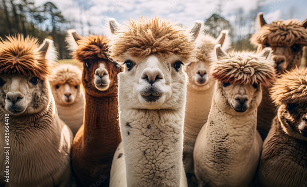 Several alpacas look at the camera