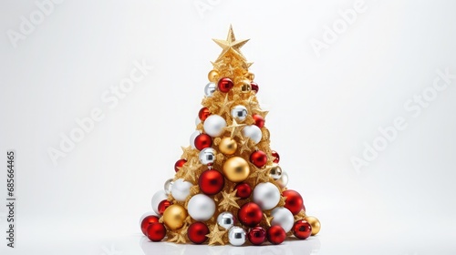 White Christmas tree with red and gold decorations, on a plain white background, Hasselblad quality,