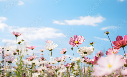 Beautiful flowers bloom against a blue sky in a spring field.