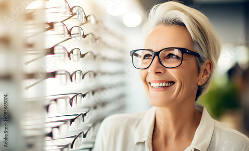 A happy mature woman chooses eyeglasses at an optical store. Vision care concept