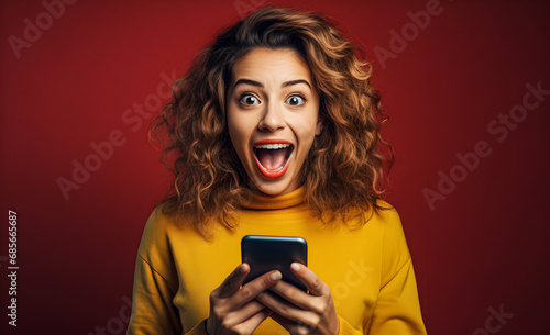 Portrait of a happy surprised female student with a smartphone in her hand.
