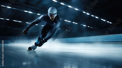 A man speed skating photo realistic illustration - Generative AI. © Mariia