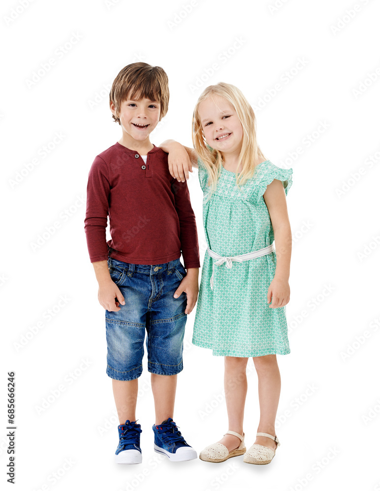Smile, happy and portrait of girl and boy with positive, good and confident attitude. Sweet, excited and cute children or kids from Canada with friendship isolated by transparent png background. Smile, happy and portrait of girl and boy with positive, good and confident attitude. Sweet, excited and cute children or kids from Canada with friendship isolated by transparent png background.