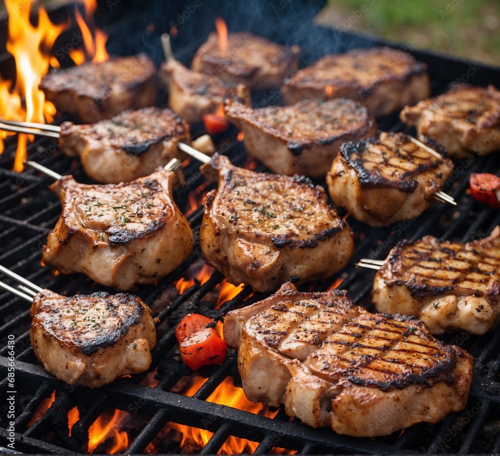 Grilled pork steaks on barbecue grill with flames, closeup