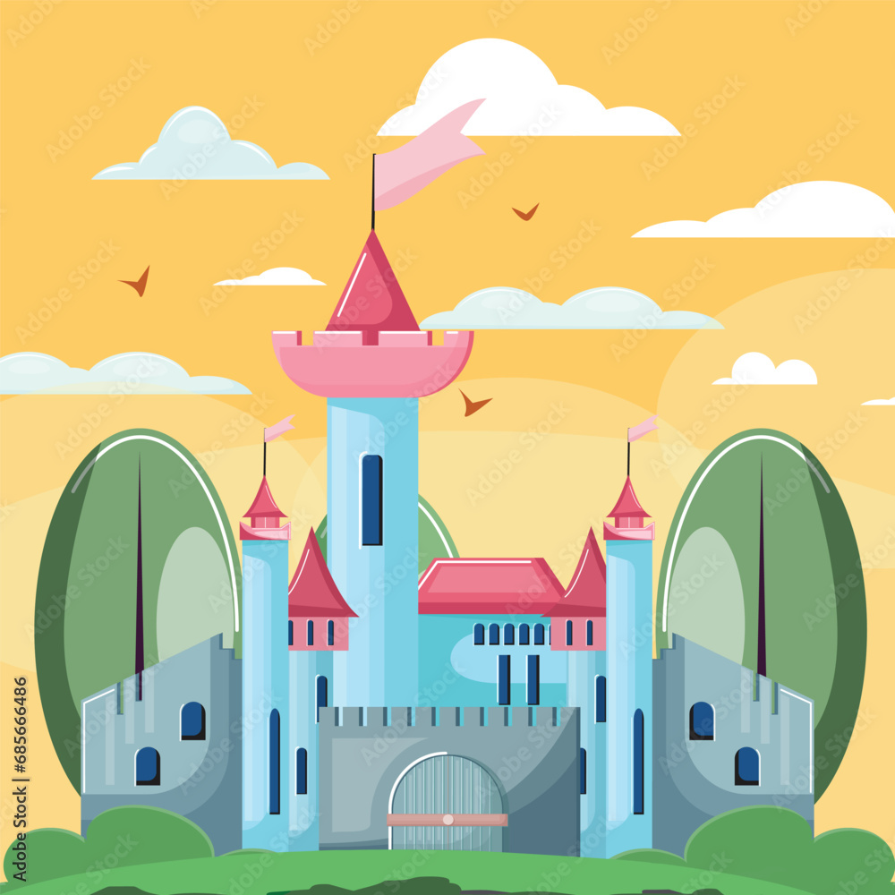 Colourful castle in the forest and yellow sky. Dreamland illustration .