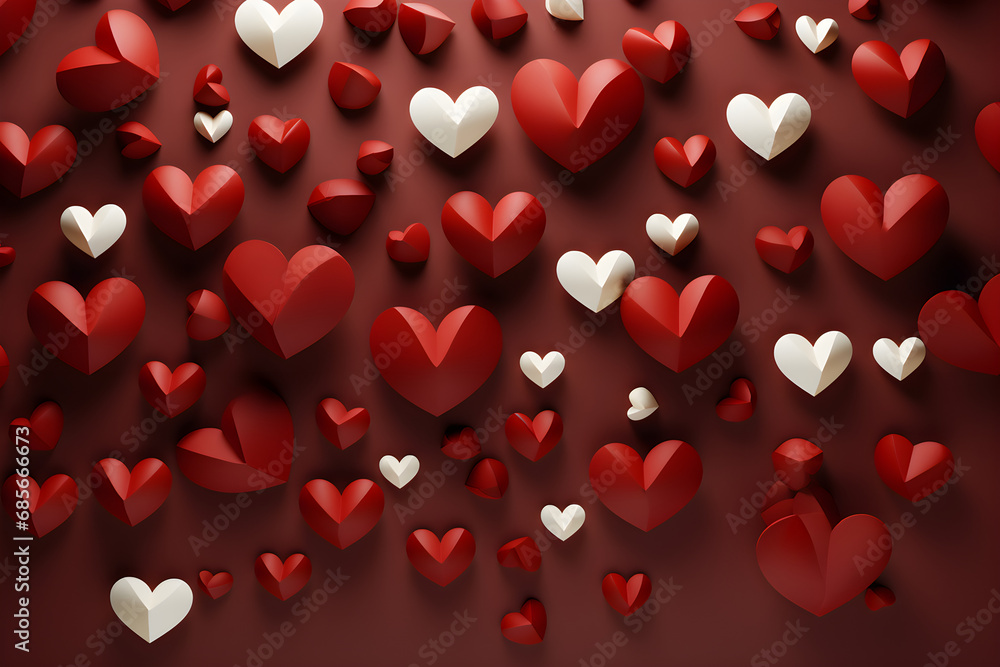 Paper heart-shaped decorations in shades of red, adding a romantic and charming touch Paper heart-shaped decorations in shades of red, adding a romantic and charming touch