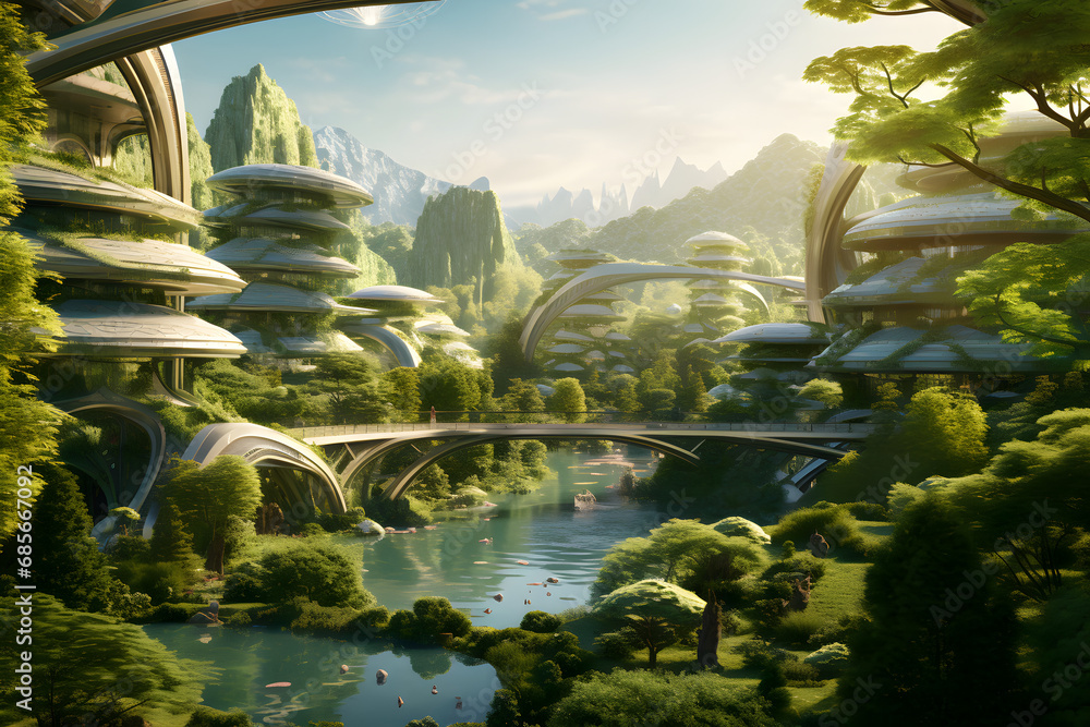 green forest with a futuristic city and a futuristic ecological house. Generative AI.