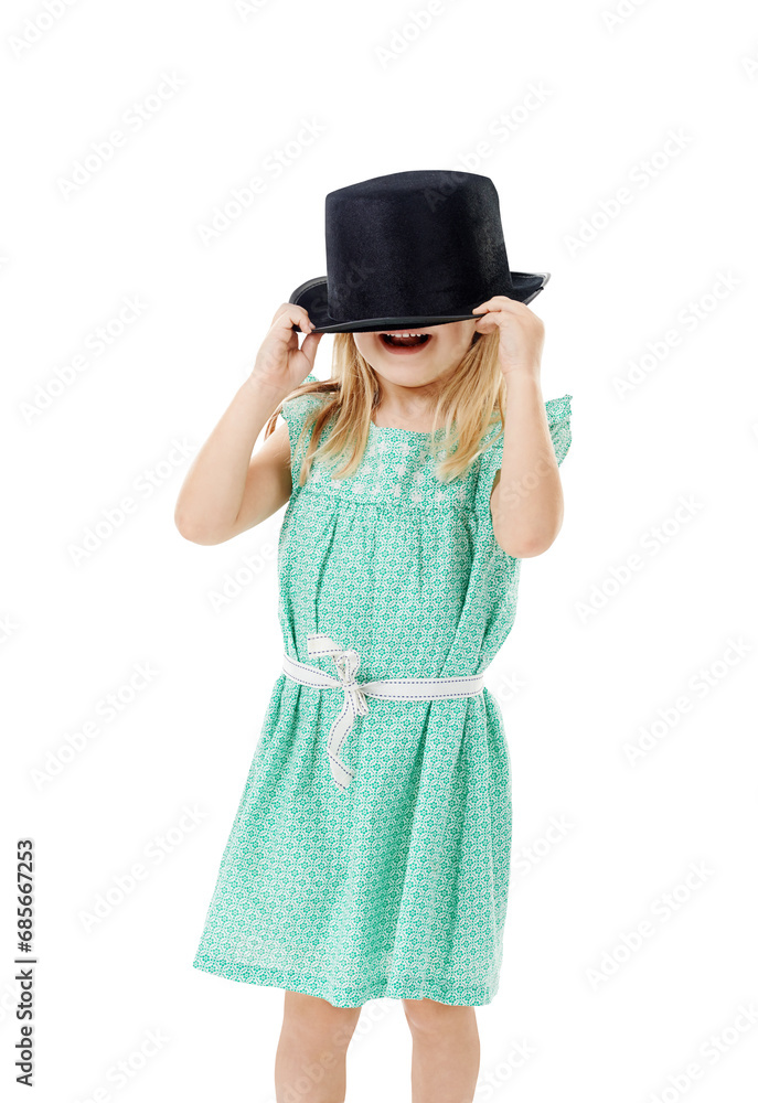 Funny kid, girl and hide in hat isolated on a transparent png background. Happy young child cover face, laughing and excited for fashion, casual clothes or playing dress up, smile or positive emotion Funny kid, girl and hide in hat isolated on a transparent png background. Happy young child cover face, laughing and excited for fashion, casual clothes or playing dress up, smile or positive emotion