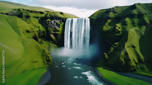 Iceland waterfall Skogafoss in Icelandic nature landscape. Famous tourist attractions and landmarks destination in Icelandic nature landscape on South Iceland. Aerial drone view of top. Generative AI.