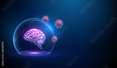 Abstract brain in blue glass dome attacked by red viruses. Medicine labaratory research concept. Low poly style.