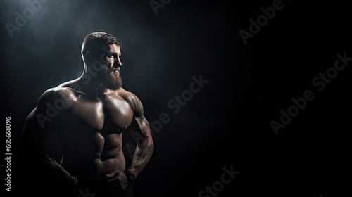 MMA fighter, muscular athletic man. Boxer and athlete on dark black background. © Taras