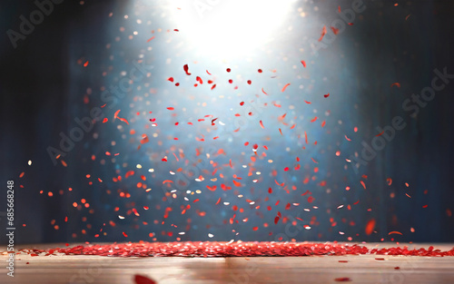 スポットライトの中赤い花びらが舞い落ちるドラマチックな舞台背景 photo