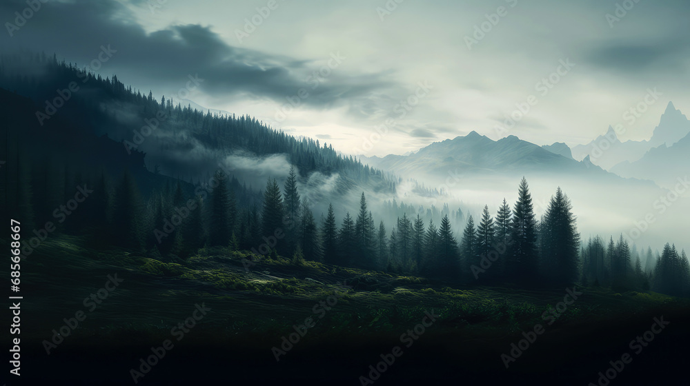 Foggy mountain landscape with coniferous forest in the foreground