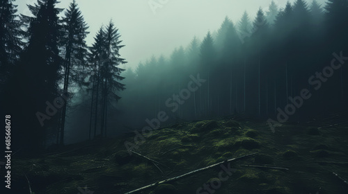 Foggy forest in the mountains. Landscape. 