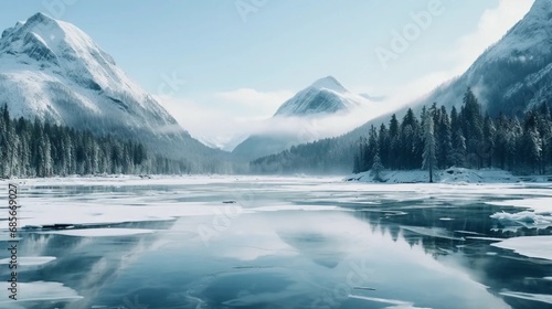 A frozen lake, snow-capped mountain peaks and trees, a wild, winter, natural landscape