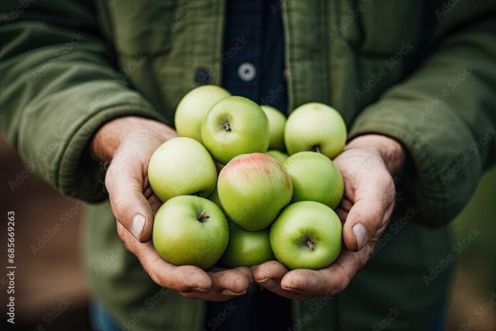 a harvest of fresh apples in a farmer's hands, symbolizing the joy and love of farming. a harvest of fresh apples in a farmer's hands, symbolizing the joy and love of farming.