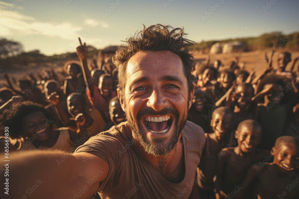Caucasian volunteer man in africa village takes a selfie with children - Volunteering concept - Human community - Generative AI - obrazy, fototapety, plakaty 