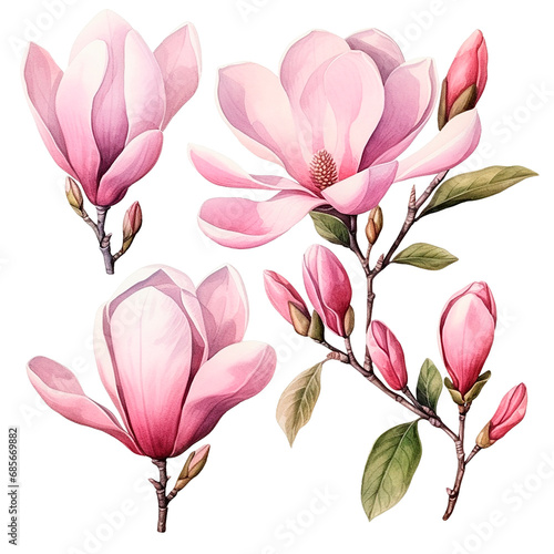 watercolor drawing of pink magnolia flowers. set of magnolia flowers  clipart