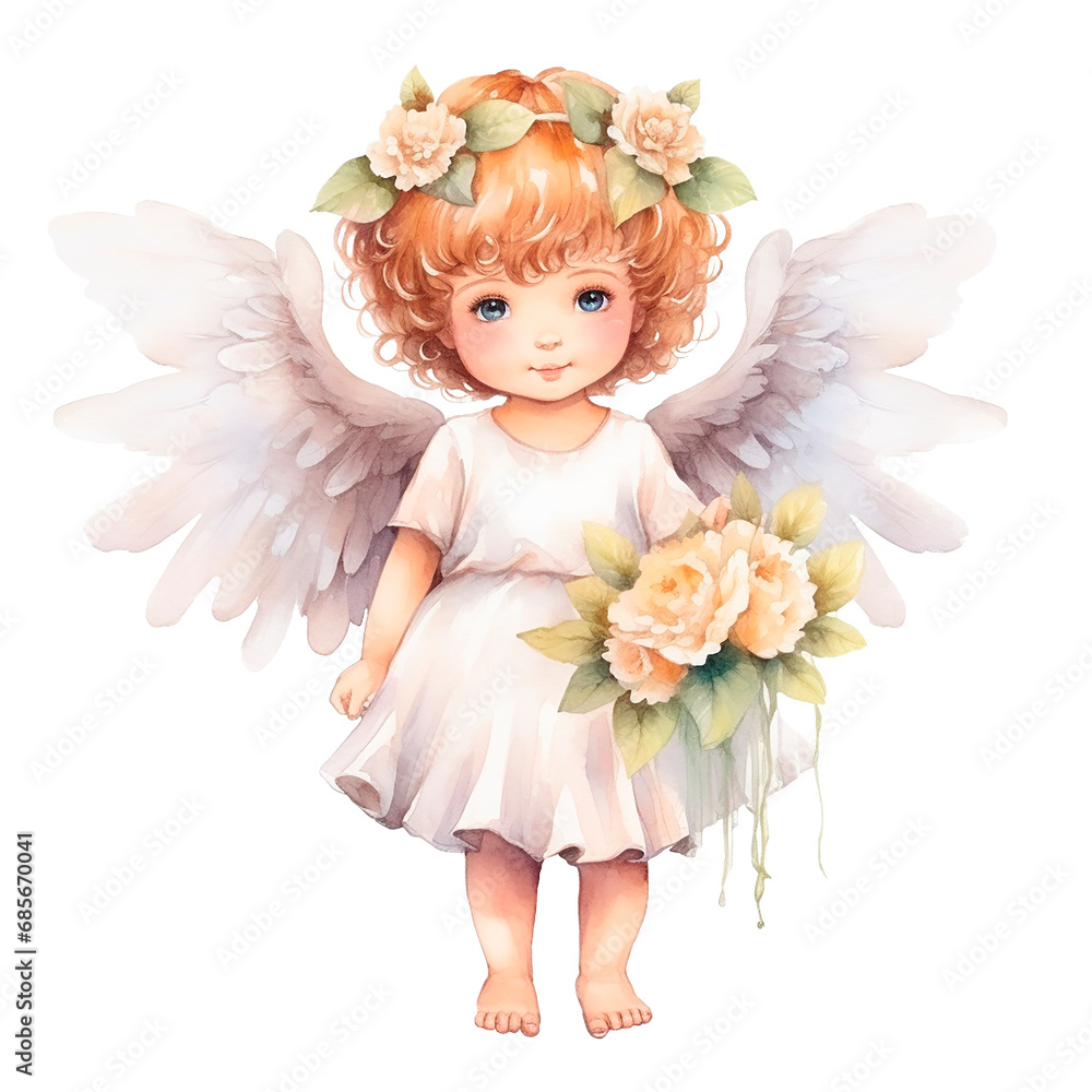 cute baby angel with a flower wreath on his head. watercolor drawing for Christmas, Christian holidays. scrapbooking