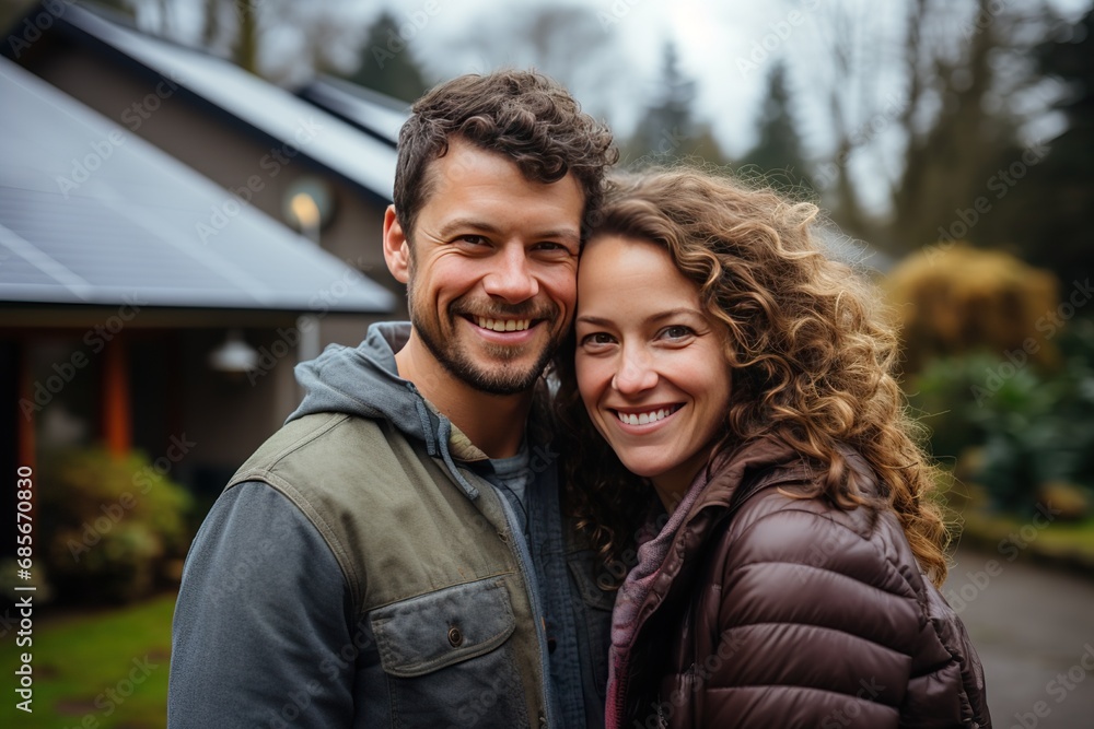 A happy couple and a large house with solar panels installed. A happy couple and a large house with solar panels installed.
