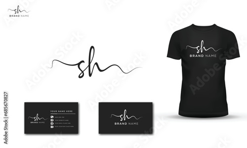 vector sh initial handwriting logo with business card with t shirt design photo