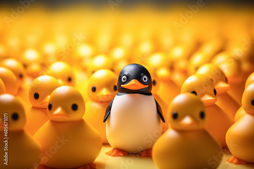 Rubber Penguin Among Yellow Rubber Ducks, One among other concept photo