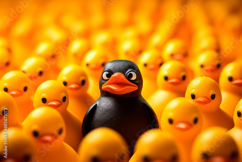 Stand Out From Crowd Concept, Angry Penguin Among Yellow Rubber Duck photo