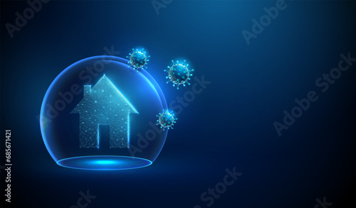 Abstract house icon in blue glass dome attacked by blue viruses. Protection concept. Low poly style design photo