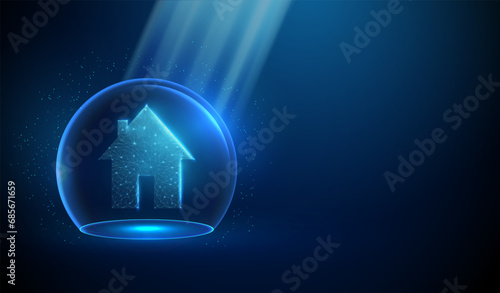 Abstract house icon in blue glass dome with sunrays. Protection concept. Green energy concept. Low poly style.