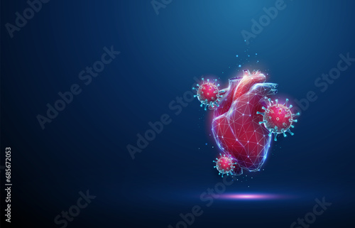 Abstract red human heart with attacking red viruses. Healthcare medical concept. Low poly style