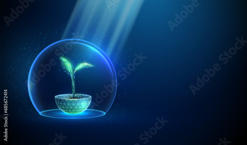Abstract green growing plant in pot inside glass dome and sun beams Nature protection and smart farming concept Low poly