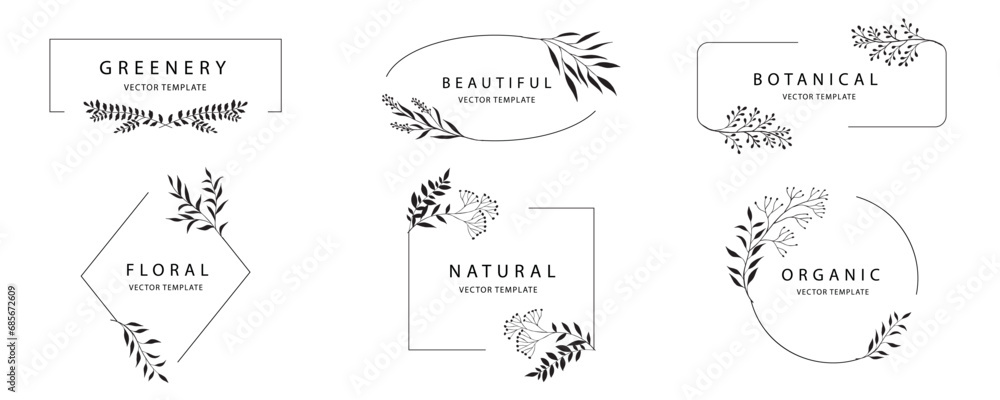 Elegant frames with silhouettes of branch and leaves for logo for wedding design, invitation design, for print, cover or wallpaper. Elegant frames with silhouettes of branch and leaves for logo for wedding design, invitation design, for print, cover or wallpaper.