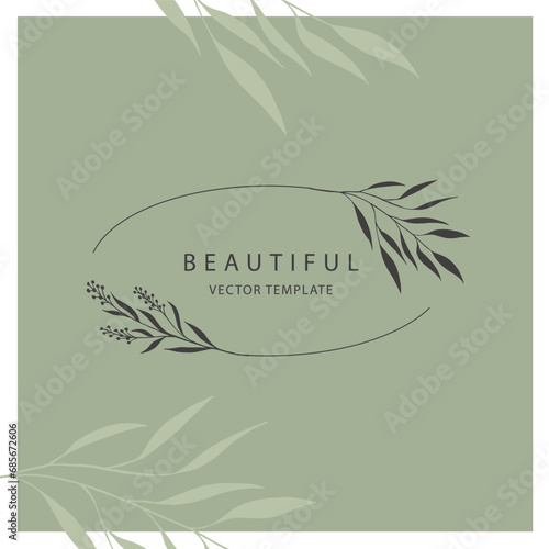 Elegant frame with silhouettes of branch and leaves for logo for wedding design, invitation design, for print, cover or wallpaper.