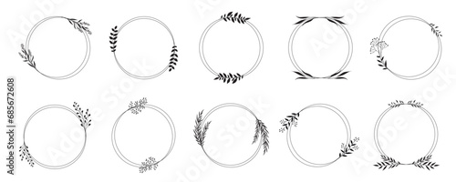 Round frames with silhouettes of branch and leaves for a logo or tattoo. Elegant herbs for wedding design, invitation design, for print, cover or wallpaper.