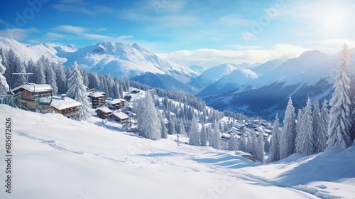 Ski resort in the snowy mountains, active winter holidays