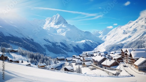 Ski resort in the snowy mountains, active winter holidays