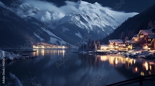 Winter village by the lake among mountain peaks, winter rest