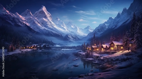 Winter village by the lake among mountain peaks, winter rest
