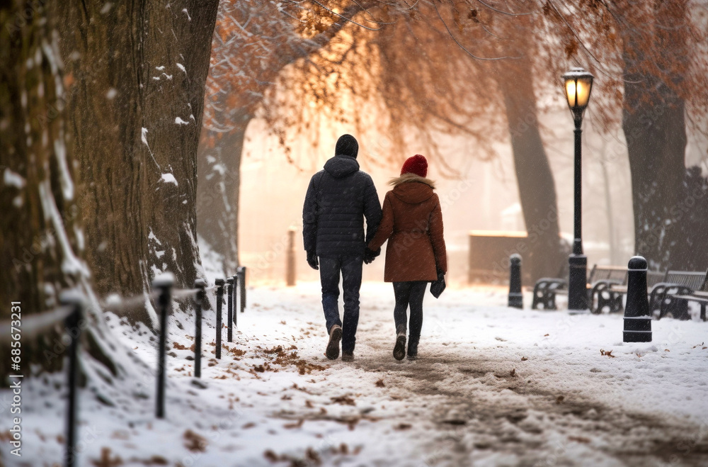 A couple in love taking a walk in a snowy park. A couple in love taking a walk in a snowy park.