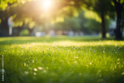 green grass blurred background with sun rays in park meadow. Generative AI.
