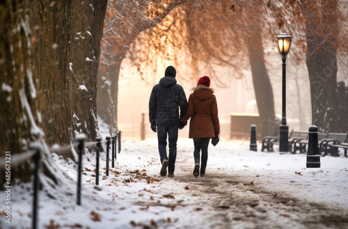 A couple in love taking a walk in a snowy park.
