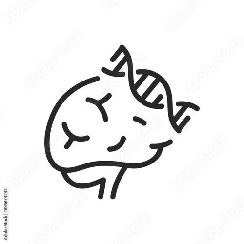 Brain and DNA Icon. Thin Linear Illustration Integrating Neurology and Genetics, Symbolizing the Intersection of Brain Function and Genetic Science. Isolated Outline Vector Sign. photo