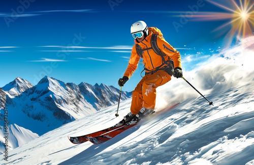 A skier skiing down the mountain on a clear day.