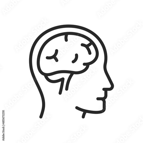 Brain in Human Head Icon. Thin Linear Illustration of Neurological Anatomy for Cognitive Health and Science Education